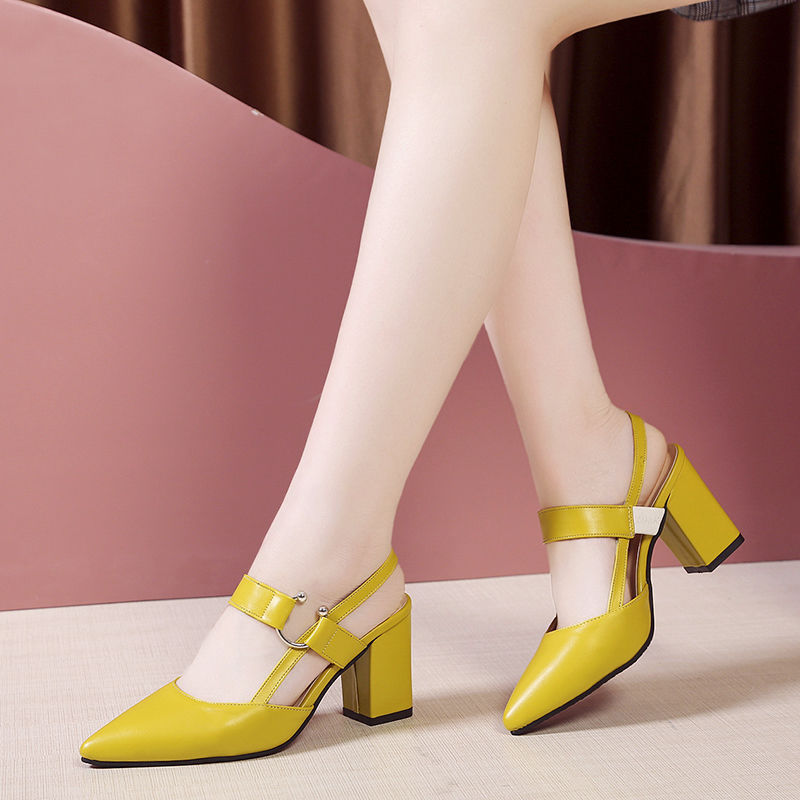 Pointed Toe Sandals Women's Thick Heel Beige High Heels