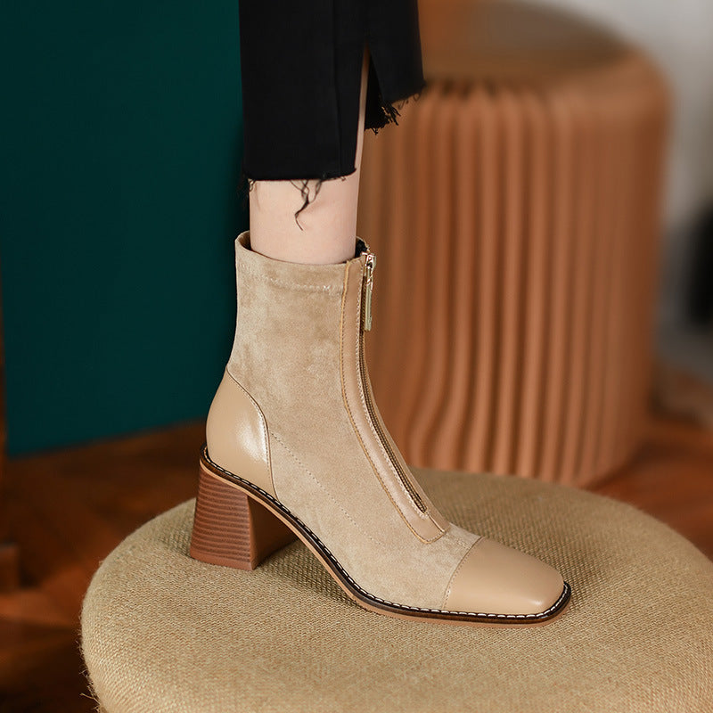 Front Zipper Leather Stitching Stretch Boots