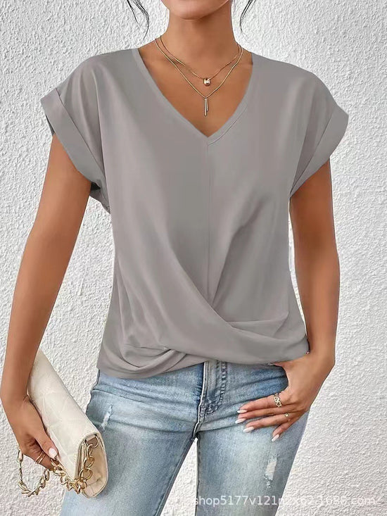 Solid Color V-neck T-shirt Elegant Short Sleeved Top For Spring And Summer Women's Clothing