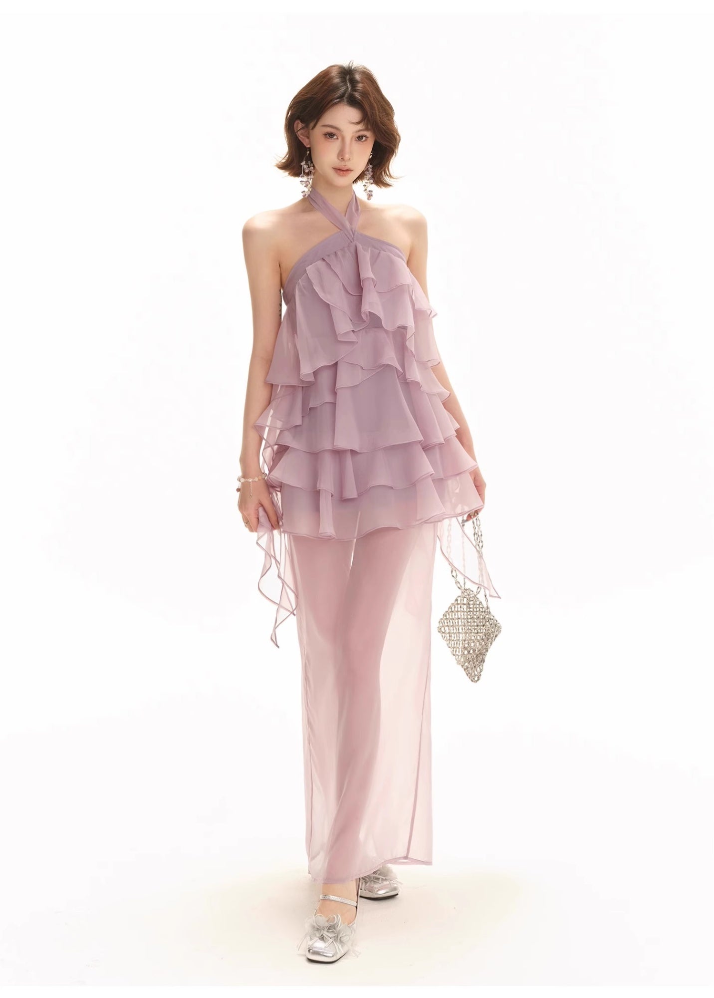 Original Design Hazy Atmosphere High Slit Long Dress Sexy Backless Multi-layer Ruffles