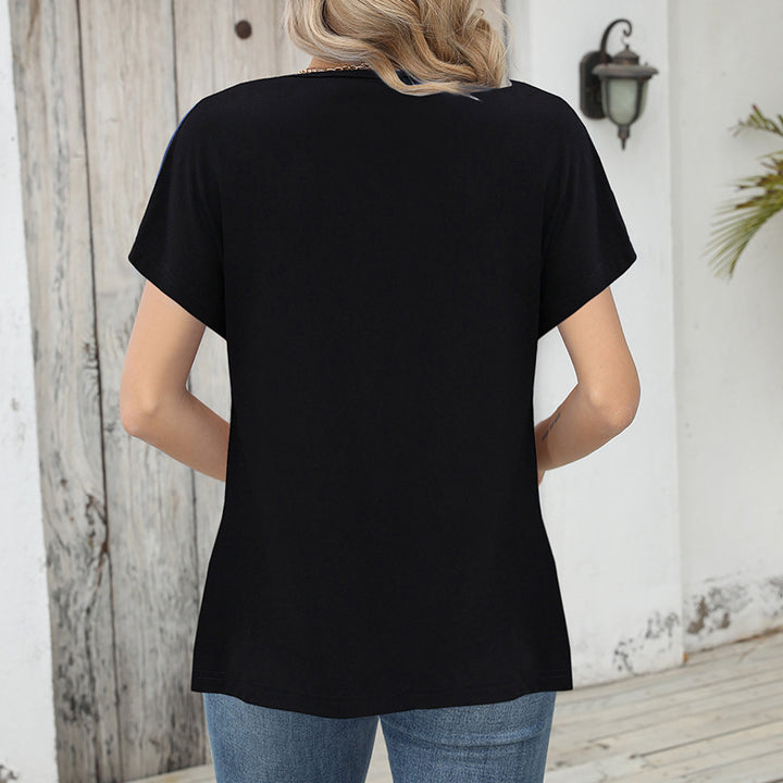 Women's Printing Color Contrast Loose Short-sleeved T-shirt Button Top