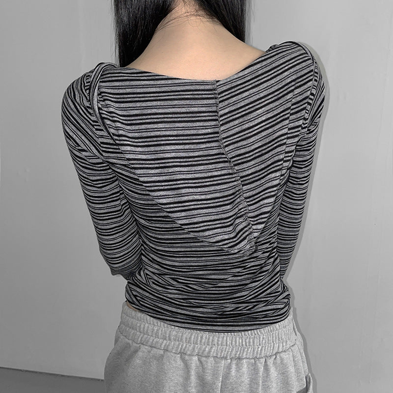 European And American Retro Stripes Contrast Color Hooded Breasted Long Sleeve