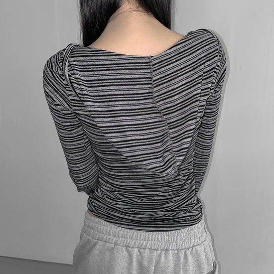 European And American Retro Stripes Contrast Color Hooded Breasted Long Sleeve