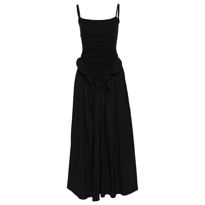 Hot Girl Solid Color Sling Fitted Waist Pleated Large Swing Dress