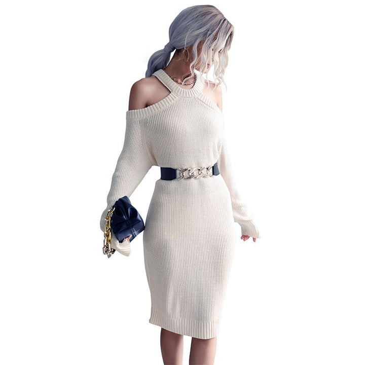 Solid Color One-line Neck Strapless Hollow Halterneck Sweater Dress
