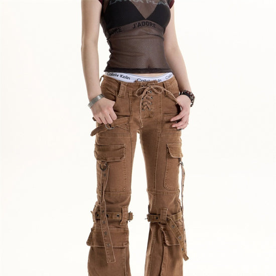 Retro Hot Girl Brown Cargo Jeans Women