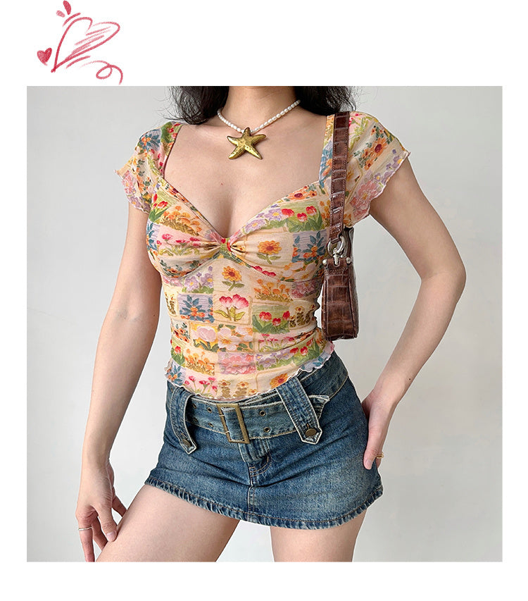 Oil Painting Flower Printed V-neck T-shirt Women's Mesh Short Sleeve Top