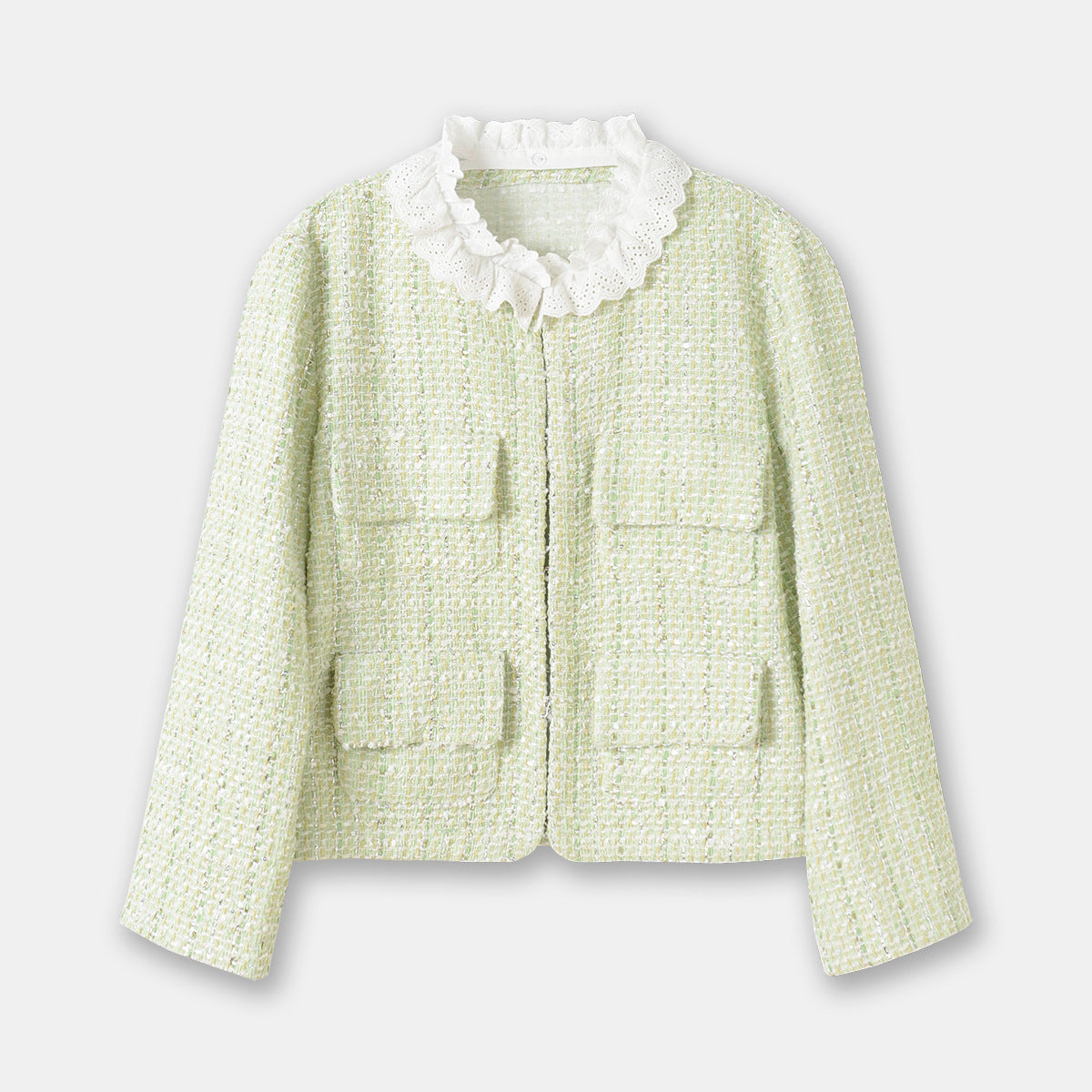 Light Green Tweed Glossy Lace Collar Jacket
