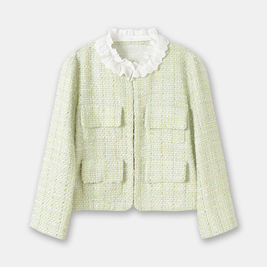Light Green Tweed Glossy Lace Collar Jacket