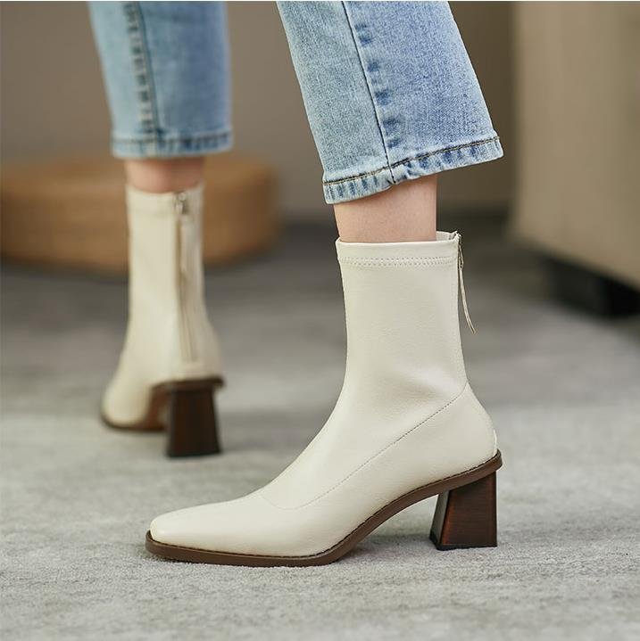 European And American Internet Hot Skinny Boots Autumn New European And American Ins Square Toe Back Zipper Chunky Heel Boots High Heel Large Size Boots