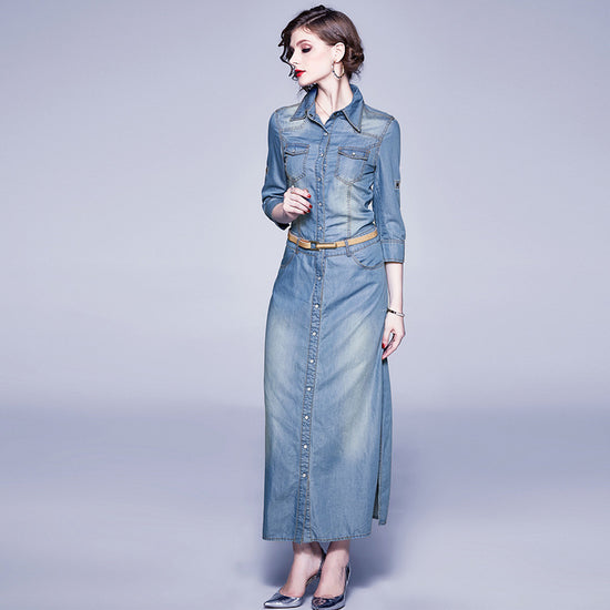 Fashionable Slim Slit Blue Tencel Denim Lapel Dress