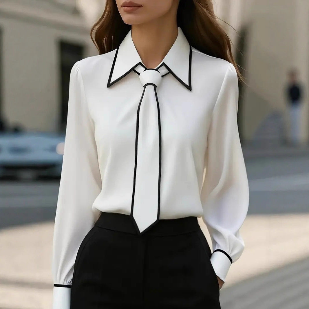 Autumn Fashion Solid Color Commute Tie Long Sleeve Shirt Women's Clothing