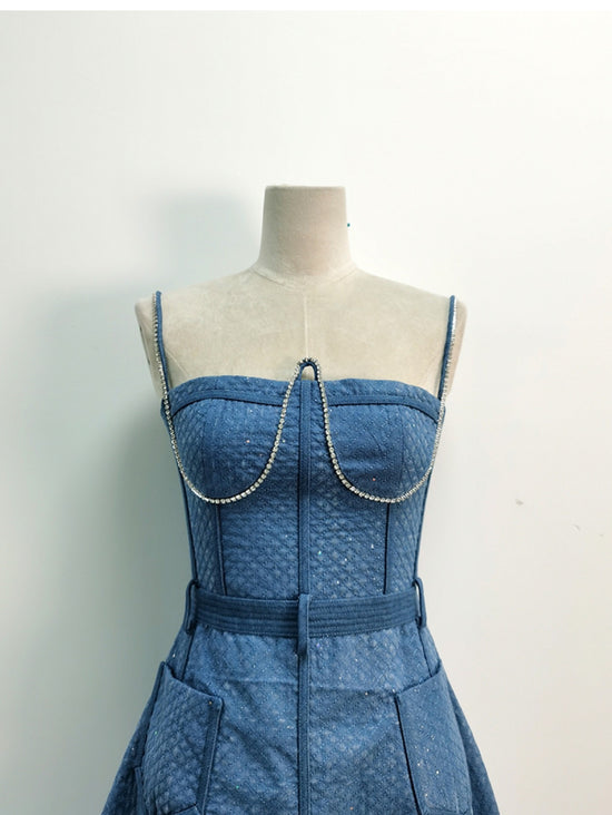 High-grade French Style Denim Rhinestone Sling Dress