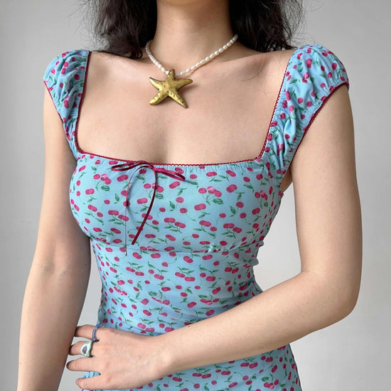 Cherry Printed Square Collar Dress A- Line Waist Fitted Skirt