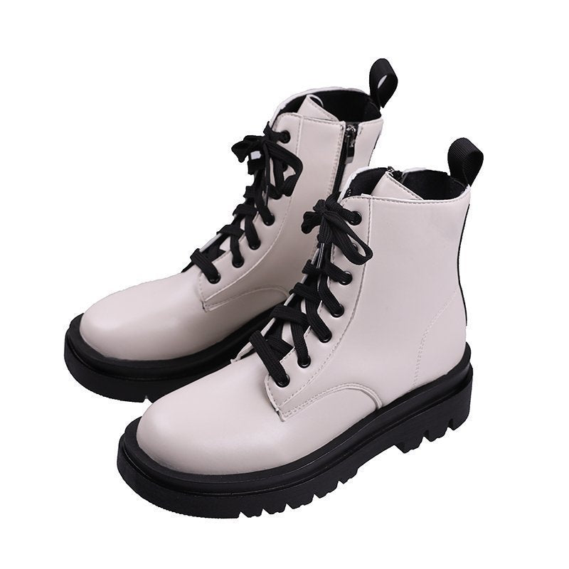 British Wind Locomotive Boots With Thick Soles And Versatile White Short Boots