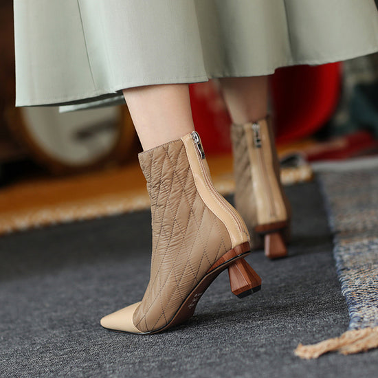 Shaped thick heel color matching short boots