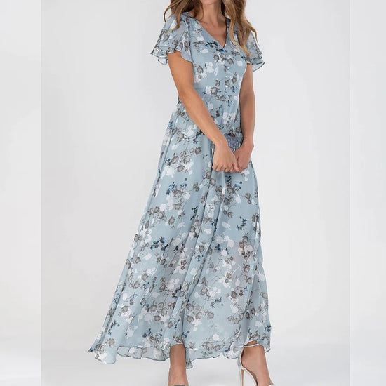 Temperament Commute Slimming V-neck Short Sleeve Printed Waist-controlled Dress