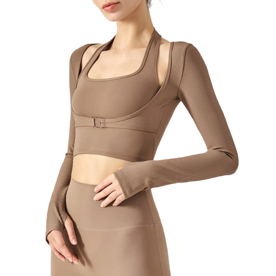 Halter Fake Two-piece Slim Fit Yoga Long Sleeve Nude Feel Sports Top Women's