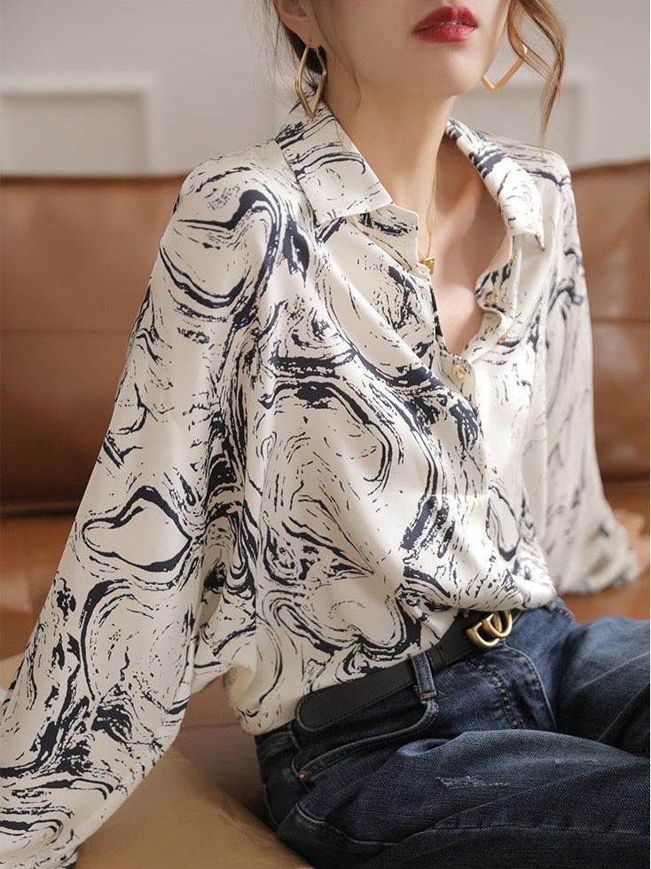 Western Style Fashion Ink Painting Printed Long Sleeve Shirt