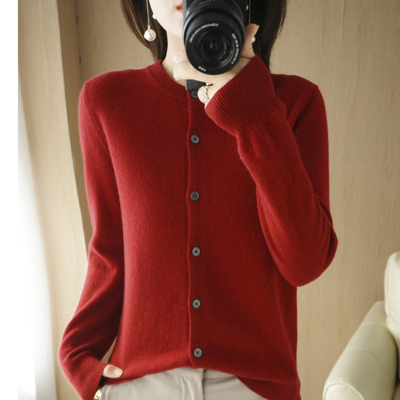 Backed Round Neck Knitted Cardigan Coat For Women