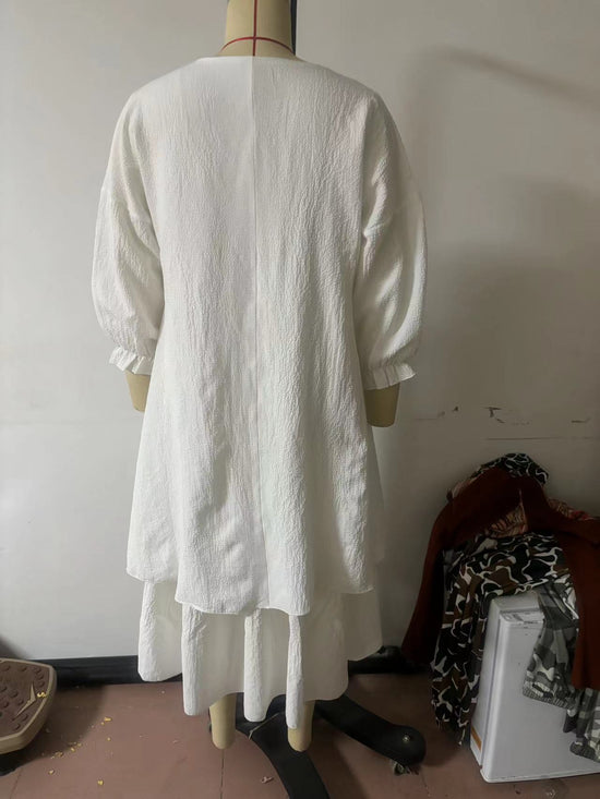 Cotton And Linen Solid Color Long Sleeve V-neck Dress