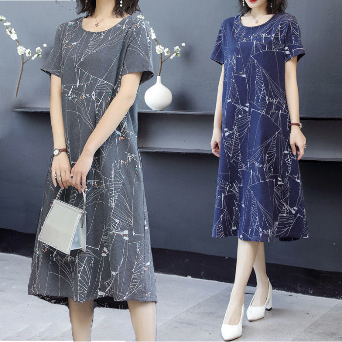Round Neck Short Sleeve Printed Midi Skirt