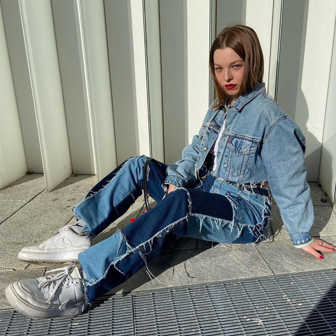 High-rise colorblock slim-fit straight-leg jeans