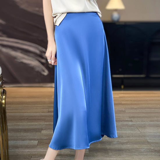 Water Ripple Skirt Silk Texture Mid-length High Waist Solid Color Skirt