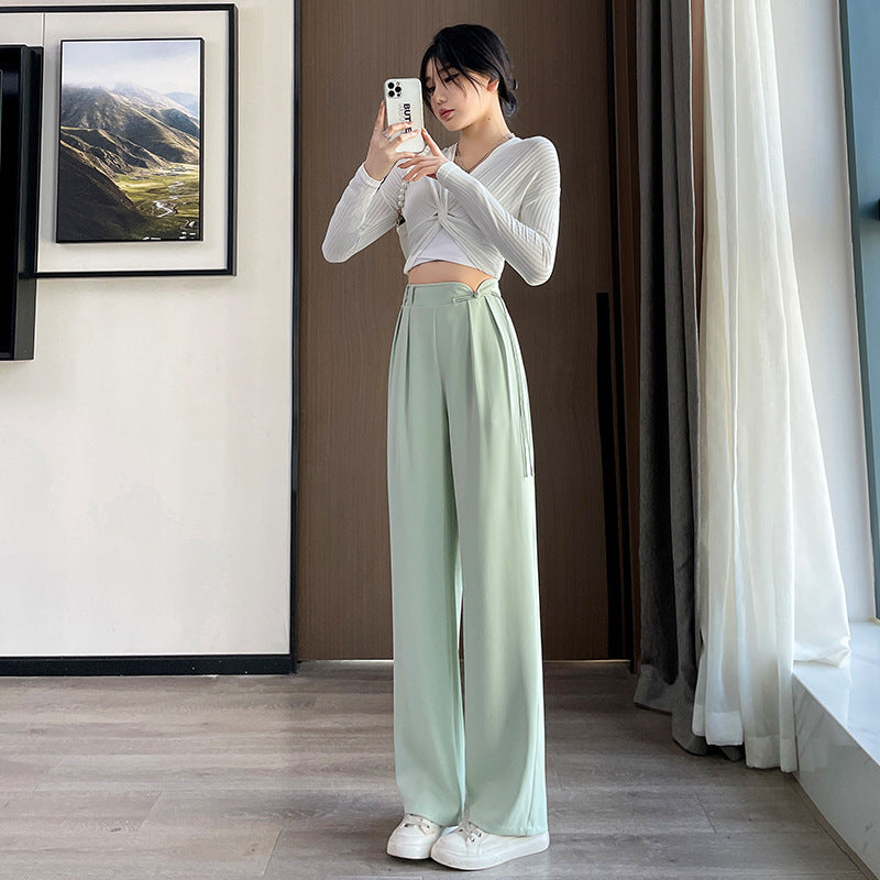 New Chinese Style Buckle High Waist Casual National Style Special-interest Design Elastic Waist Wide Leg Pants