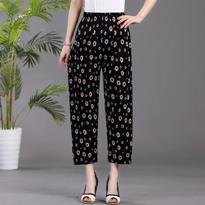 Ice Silk Wide-leg Pants Middle-aged And Elderly Loose Flower Pants