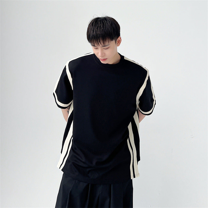 Black And White Paneled Contrast Web Stripe Short Sleeve T-Shirt