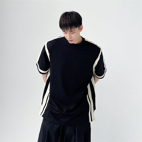 Black And White Paneled Contrast Web Stripe Short Sleeve T-Shirt