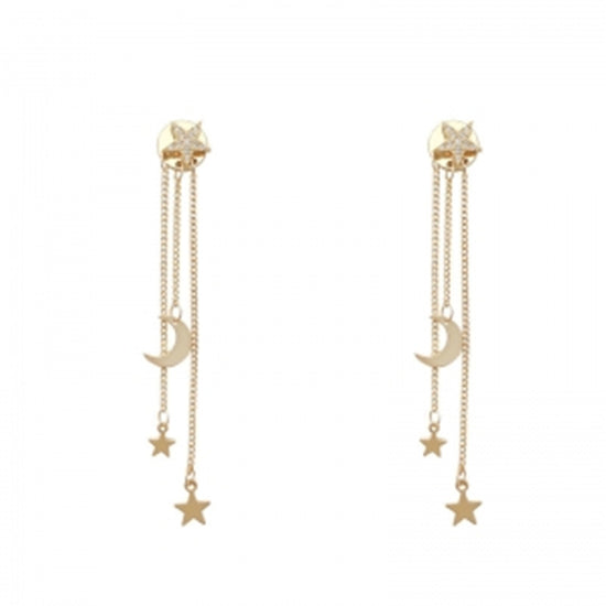Silver Needle Long Star Moon Earrings Zircon Personality