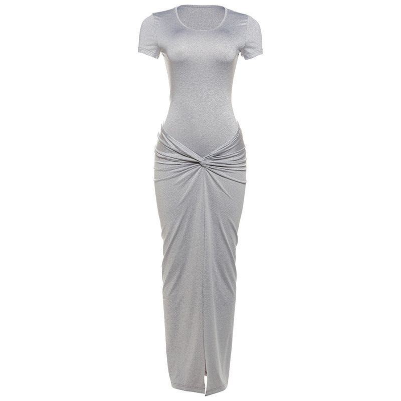 Women's Solid Color Sexy Slim Hip Round-neck High Waist Fold Split Dress