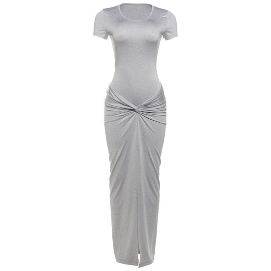 Women's Solid Color Sexy Slim Hip Round-neck High Waist Fold Split Dress