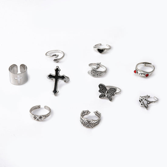Exaggerated Oil Cross Personality Ring 10 Piece Set