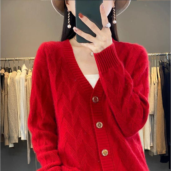 Knitted Wool Cardigan Women's V-neck Solid Color Baggy Coat