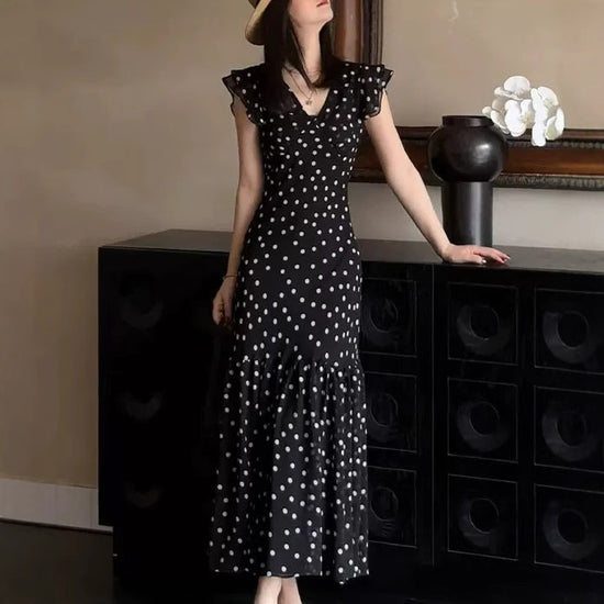 Summer New Slim Fit Show Thin Black French Polka Dot Fashion Dress