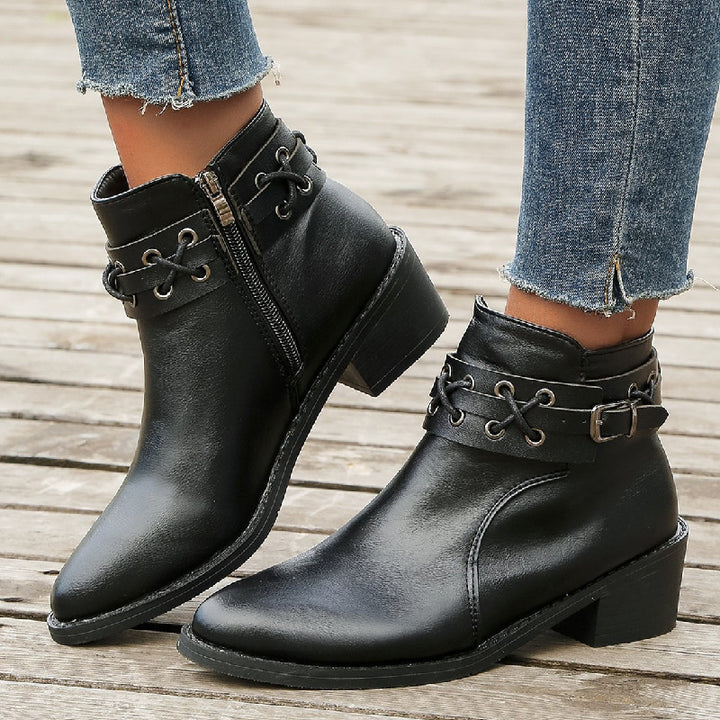 Women's Ankle Pointed-toe Side Zip Thick Heel Rivet Leather Boots