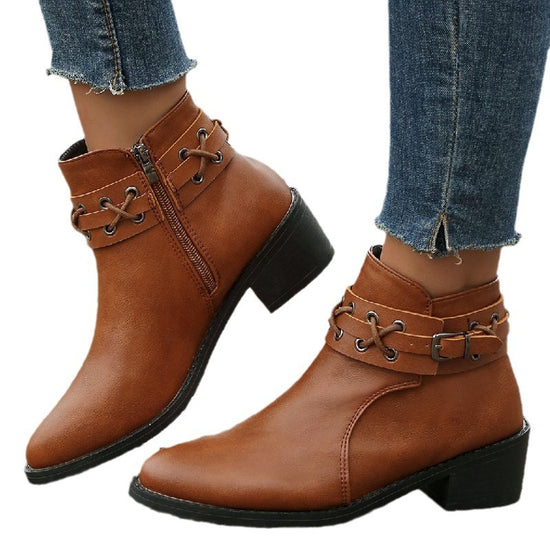 Women's Ankle Pointed-toe Side Zip Thick Heel Rivet Leather Boots