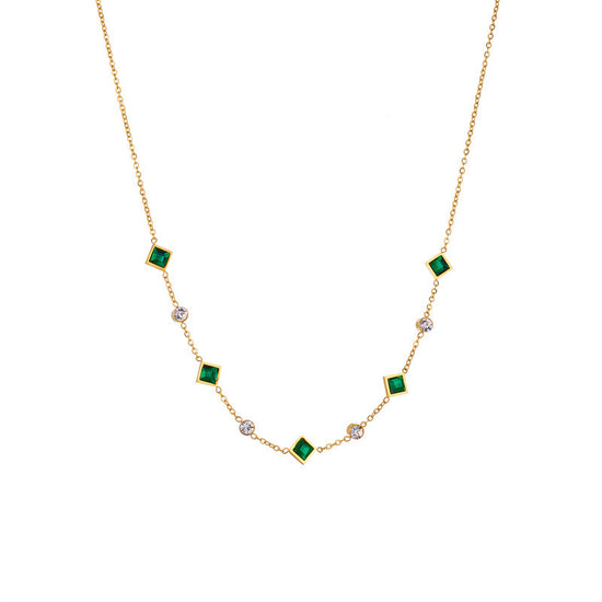 Stainless Steel Cube Emerald Zircon Personality Simple Necklace
