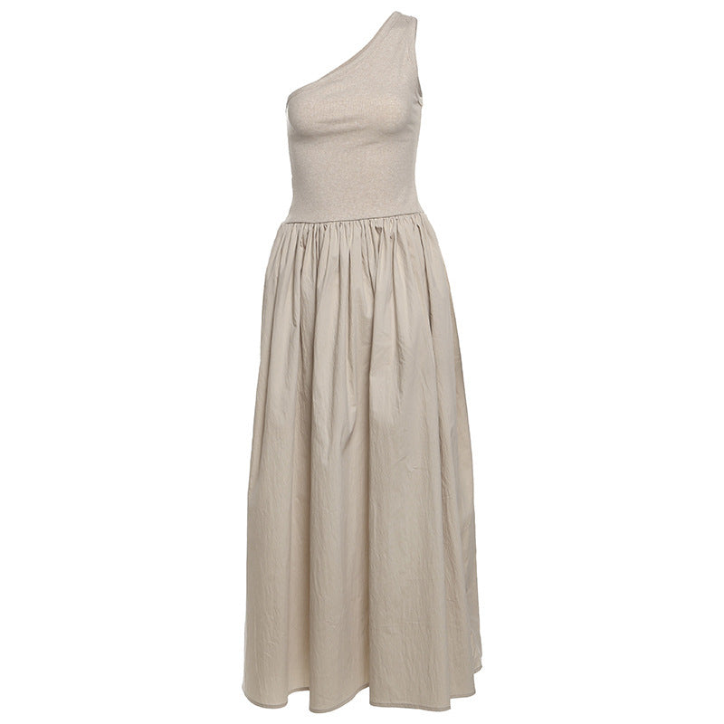 Fashion Women's Wear Waist Slant Shoulder Sleeveless Dress