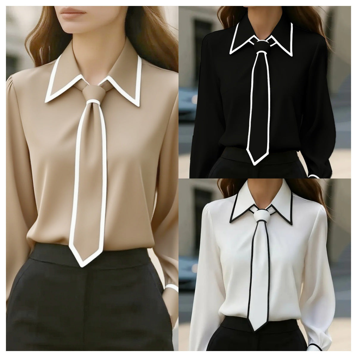 Autumn Fashion Solid Color Commute Tie Long Sleeve Shirt Women's Clothing