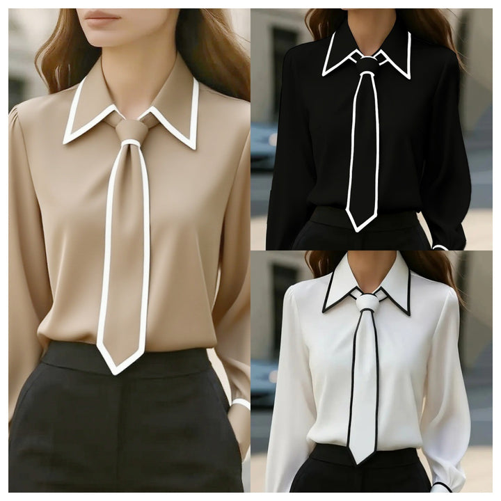 Autumn Fashion Solid Color Commute Tie Long Sleeve Shirt Women's Clothing