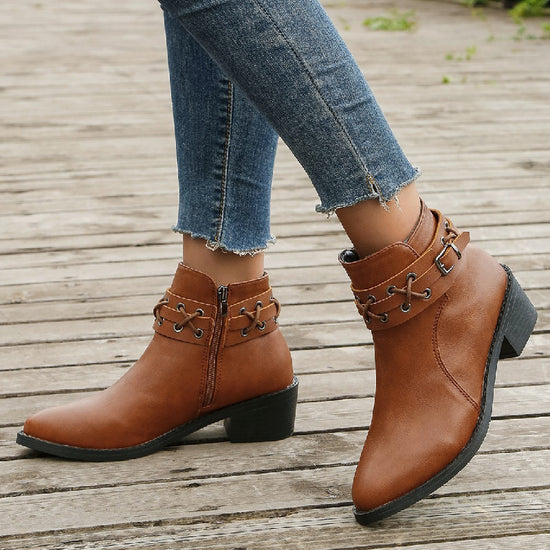 Women's Ankle Pointed-toe Side Zip Thick Heel Rivet Leather Boots