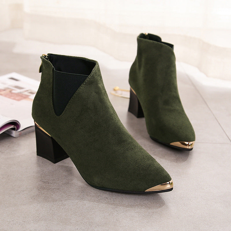 Women's New Fashion Metal Pointed Toe Mid-heel Short Boots Thick With Nude Boots In Stock