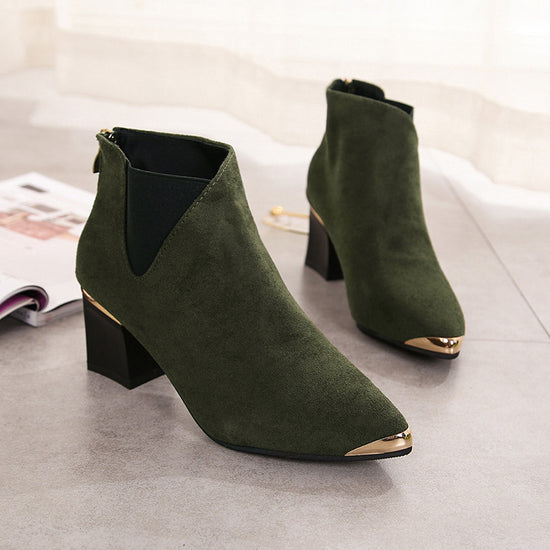 Women's New Fashion Metal Pointed Toe Mid-heel Short Boots Thick With Nude Boots In Stock