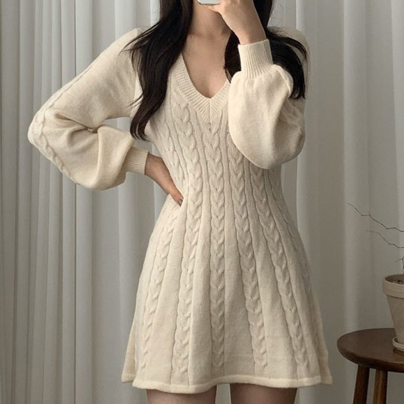 Waisted Small Lantern Sleeve Sweater Dress
