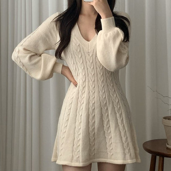 Waisted Small Lantern Sleeve Sweater Dress