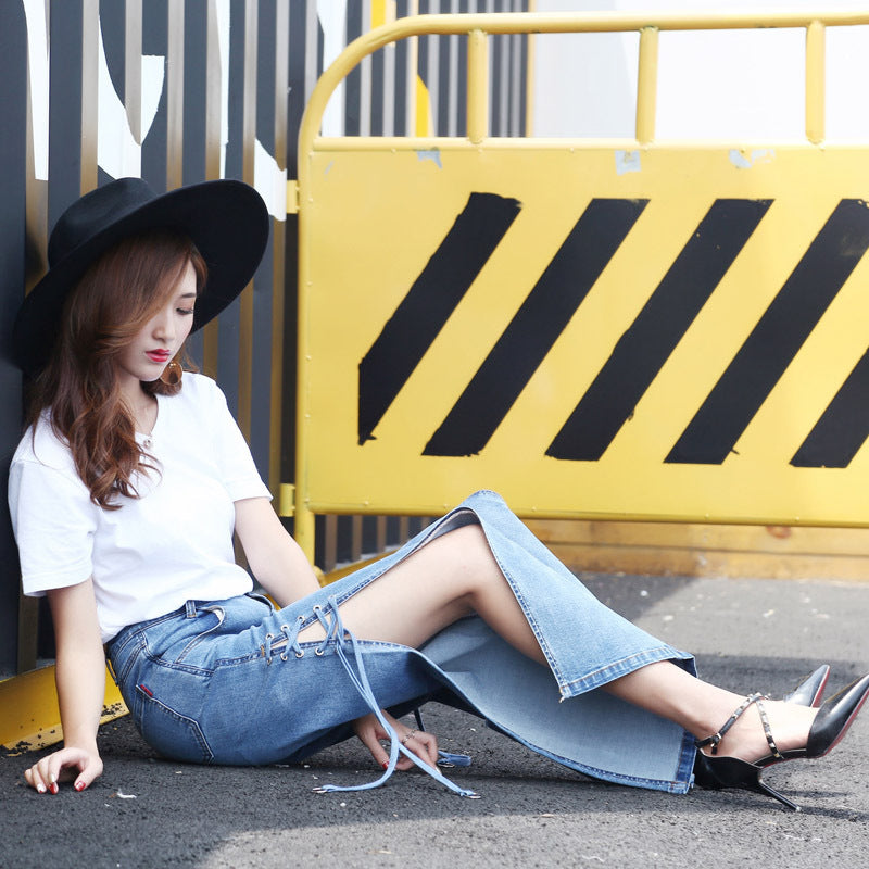 Oversized high-rise side wide-leg jeans